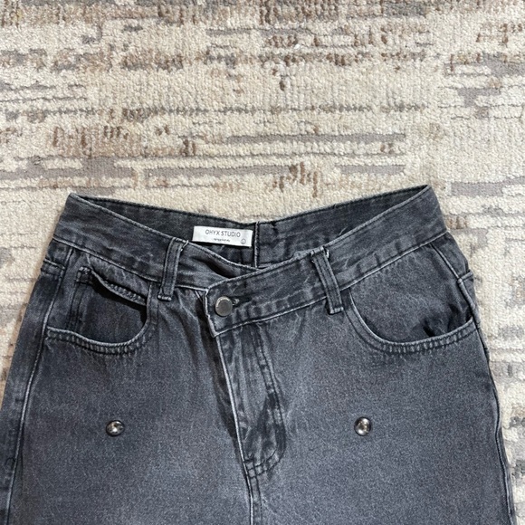 Ohxy Silver Studded Highrise Straight Leg Cropped Cross Over Black Washed Jeans - Picture 7 of 9